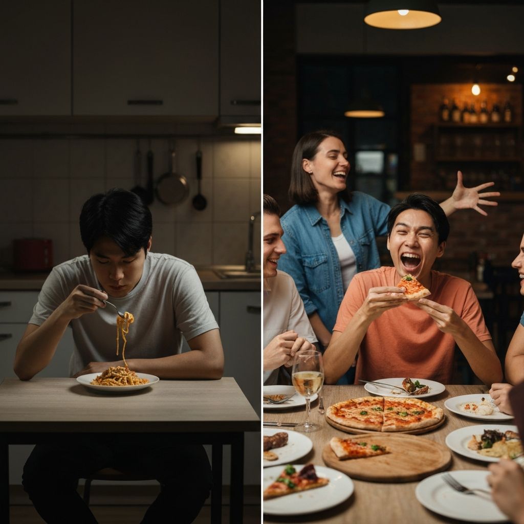 Person eating alone versus dining with friends